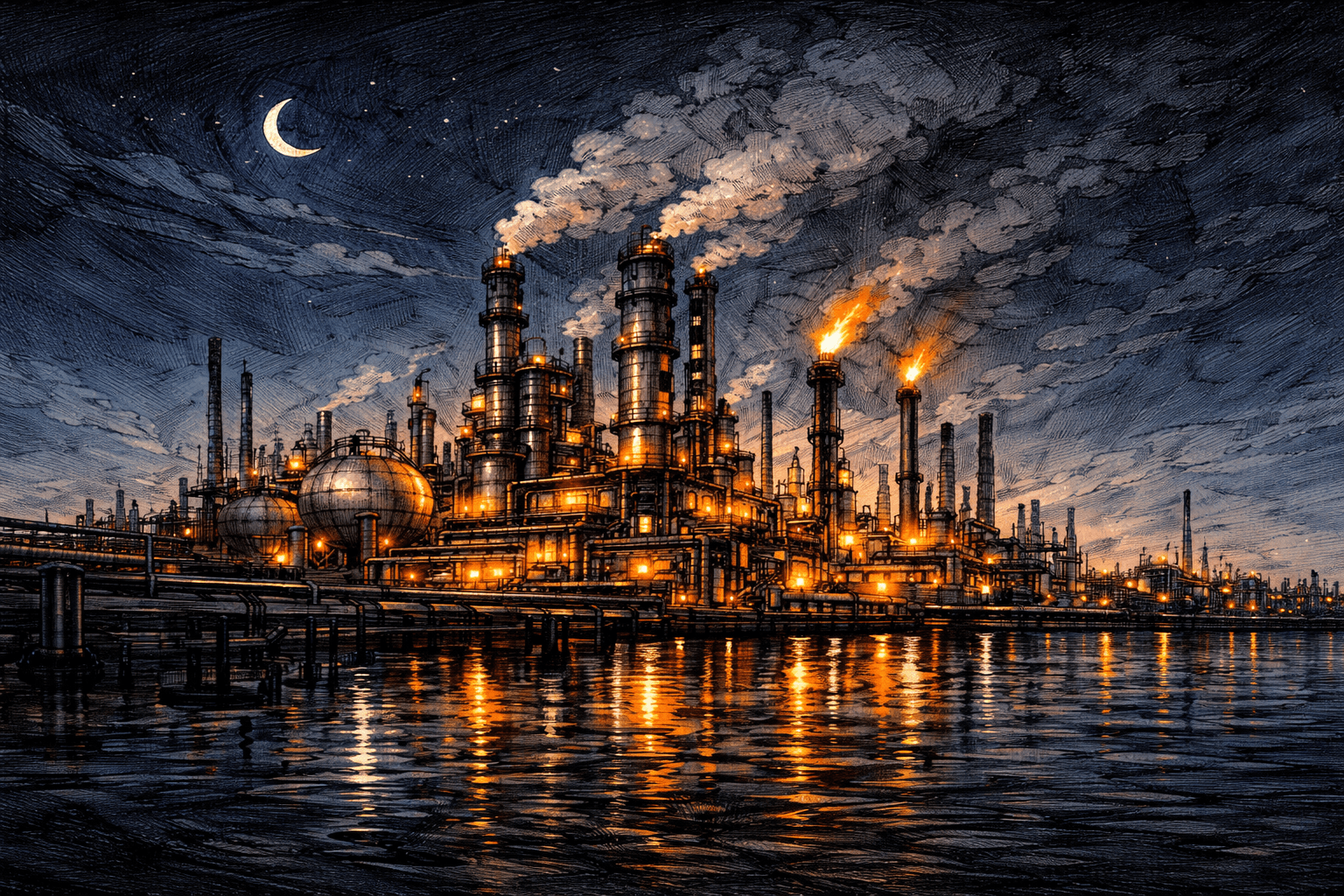 Oil Refinery at night